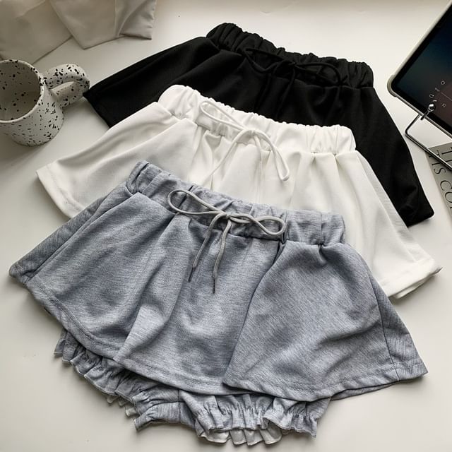 Maisee-Drawstring Waist Plain Ruffle Skort