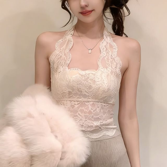 Maisee-Halter-Neck Lace Top