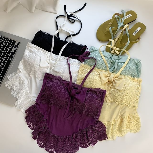 Maisee-Halter Neck Plain Lace Trim Camisole Top