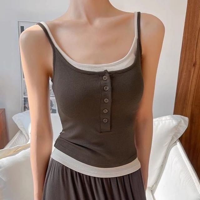 Maisee-Henley Two Tone Mock Two-Piece Camisole Top