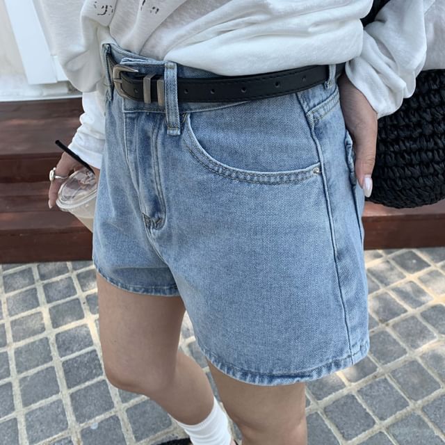 Maisee-High Waist Washed Denim Shorts