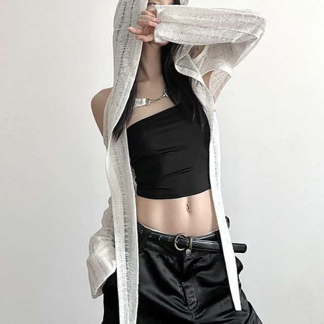 Maisee-Long-Sleeve Cold-Shoulder Plain Asymmetrical Distressed Hooded Shrug