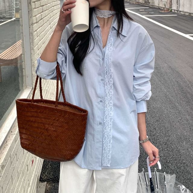 Maisee-Long-Sleeve Collared Plain Button Up Shirt