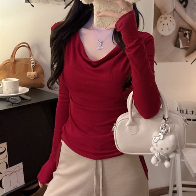 Maisee-Long Sleeve Cowl Neck Plain Padded Top