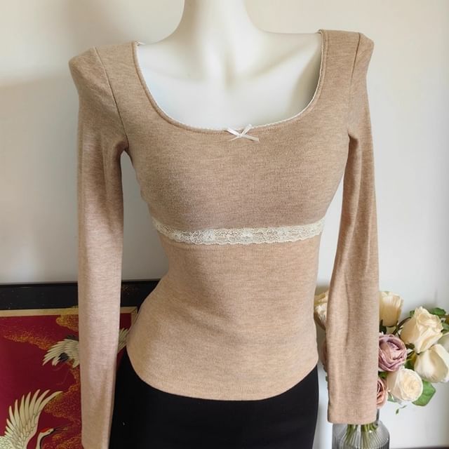 Maisee-Long-Sleeve Square Neck Plain Top