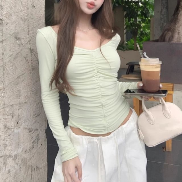 Maisee-Long-Sleeve V-Neck Plain Tee