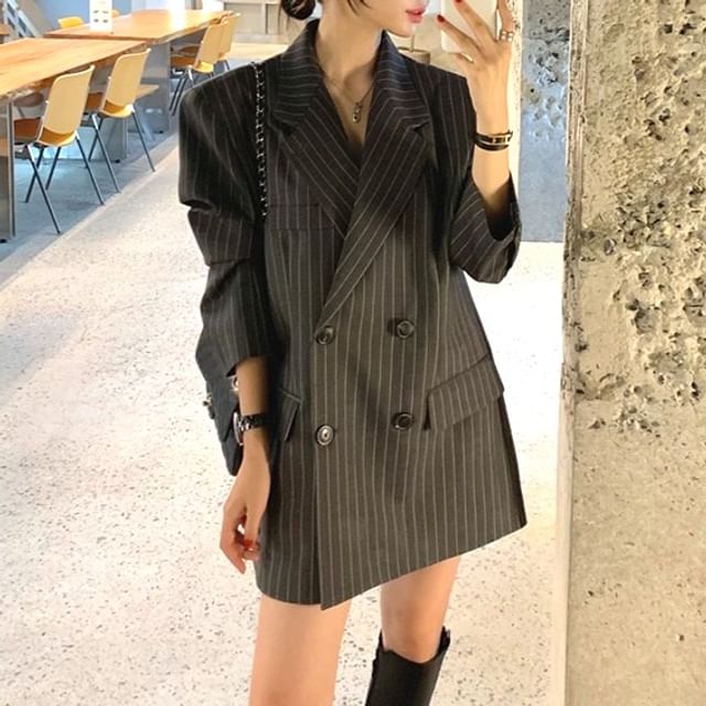 Maisee-Notch Lapel Striped Double-Breasted Oversized Blazer