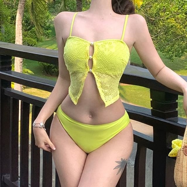 Maisee-Plain Lace Button Tankini Set