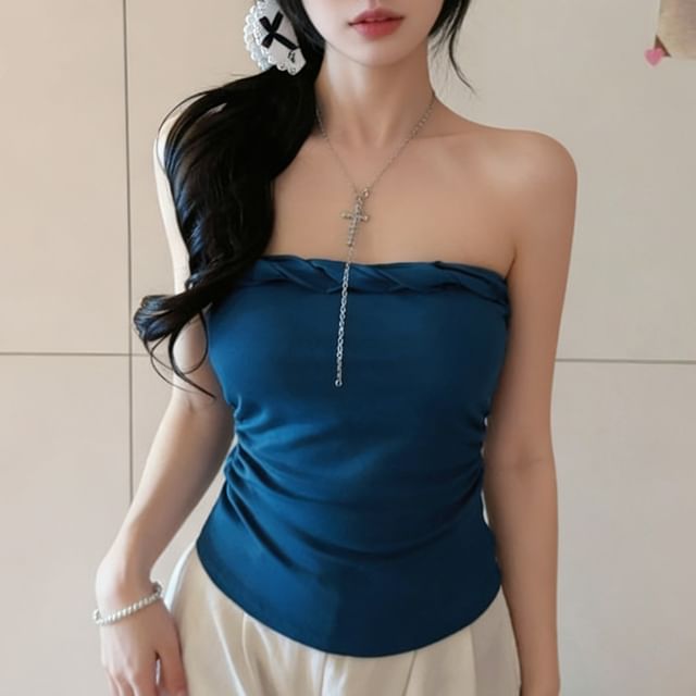 Maisee-Plain Twisted Shirred Tube Top