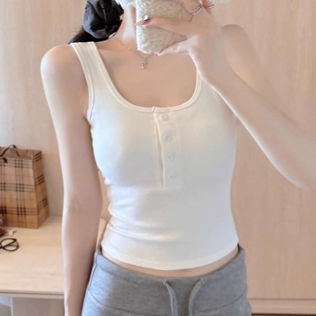 Maisee-Scoop Neck Plain Button Padded Tank Top