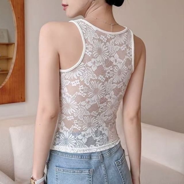 Maisee-Scoop Neck Plain Padded Panel Lace Tank Top