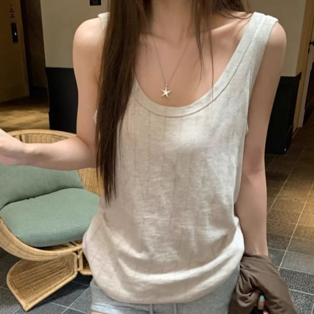 Maisee-Scoop Neck Plain Ribbed Tank Top