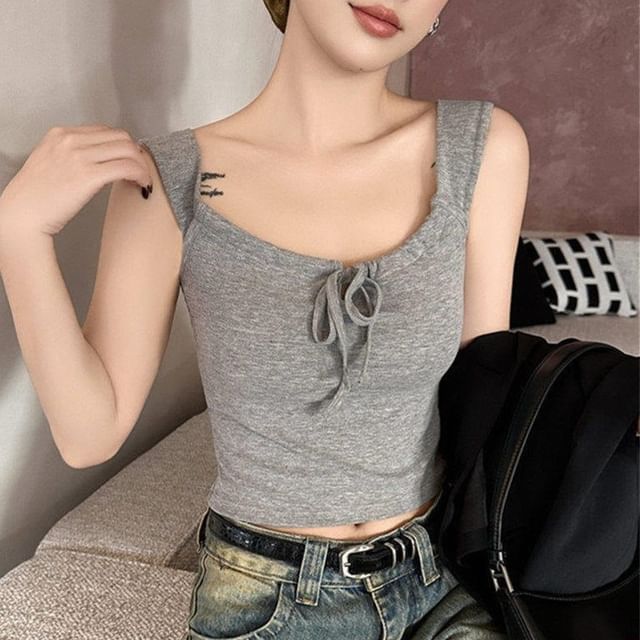 Maisee-Scoop Neck Plain Tie Front Padded Tank Top