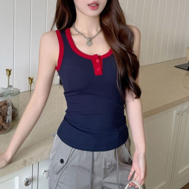 Maisee-Scoop Neck Two Tone Padded Tank Top