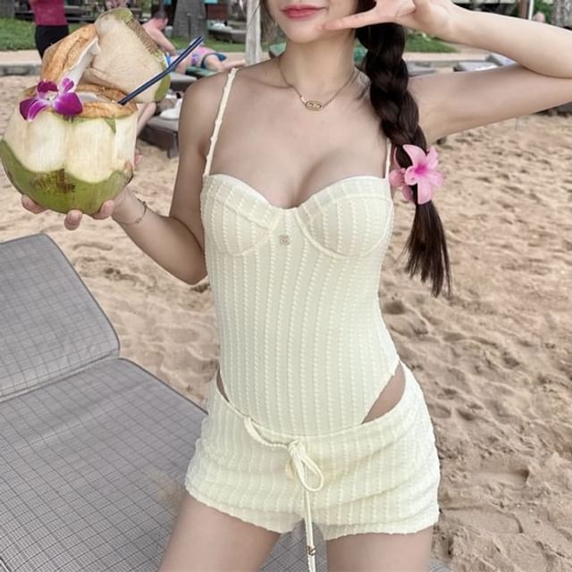 Maisee-Set Spaghetti Strap Plain Swimsuit Drawstring Swim Shorts