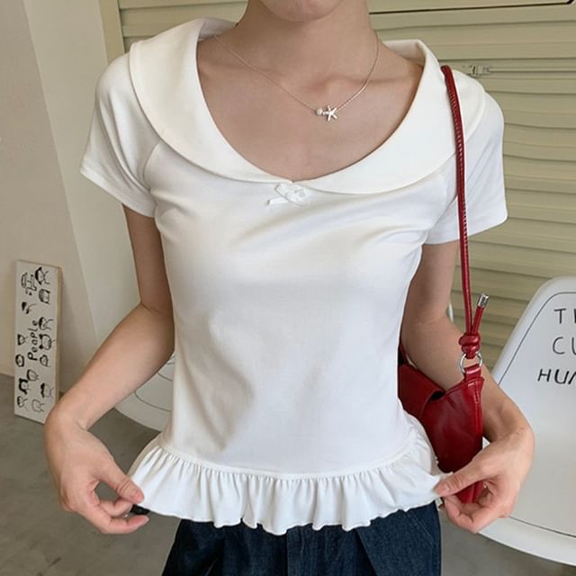 Maisee-Short-Sleeve Plain Collared Ruffle Hem Tee
