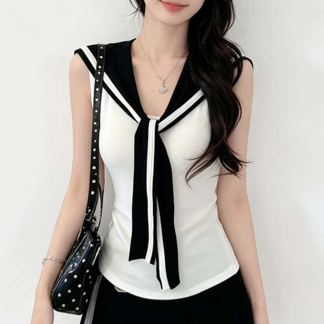 Maisee-Sleeveless Sailor Collar Plain Top