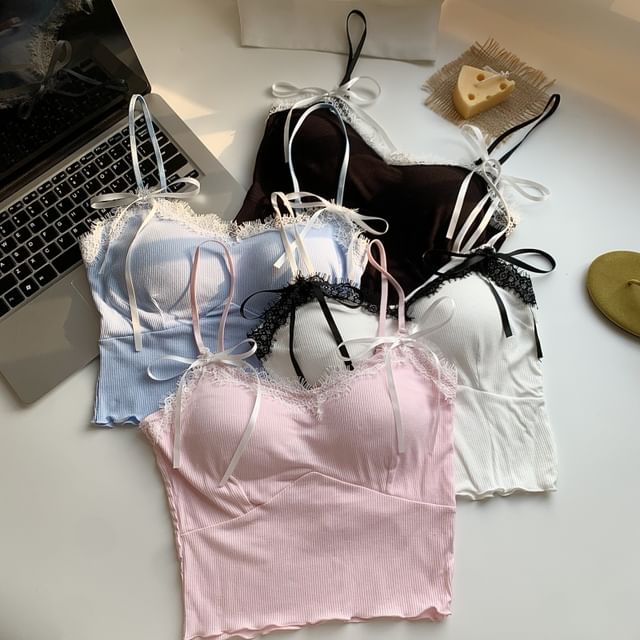 Maisee-Spaghetti Strap Lace Trim Camisole Top