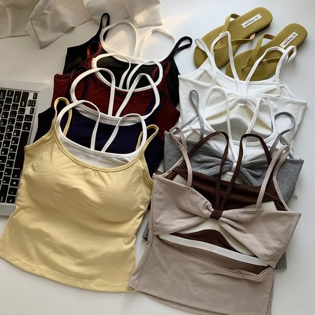 Maisee-Spaghetti Strap Mock Two Piece Crop Cami Top