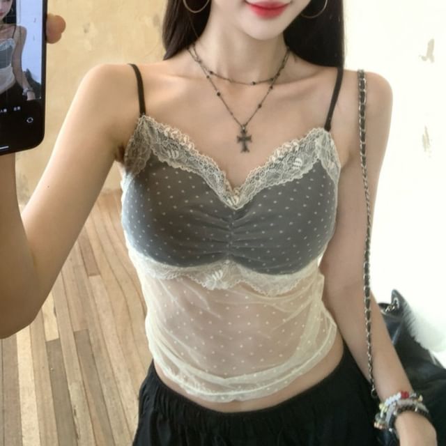Maisee-Spaghetti Strap V-Neck Plain Dotted Camisole Top