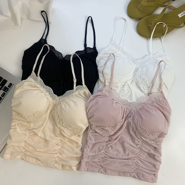 Maisee-Spaghetti Strap V-Neck Plain Ruched Camisole Top
