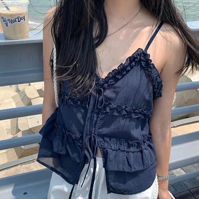 Maisee-Spaghetti Strap V-Neck Plain Ruffle Trim Cami Top