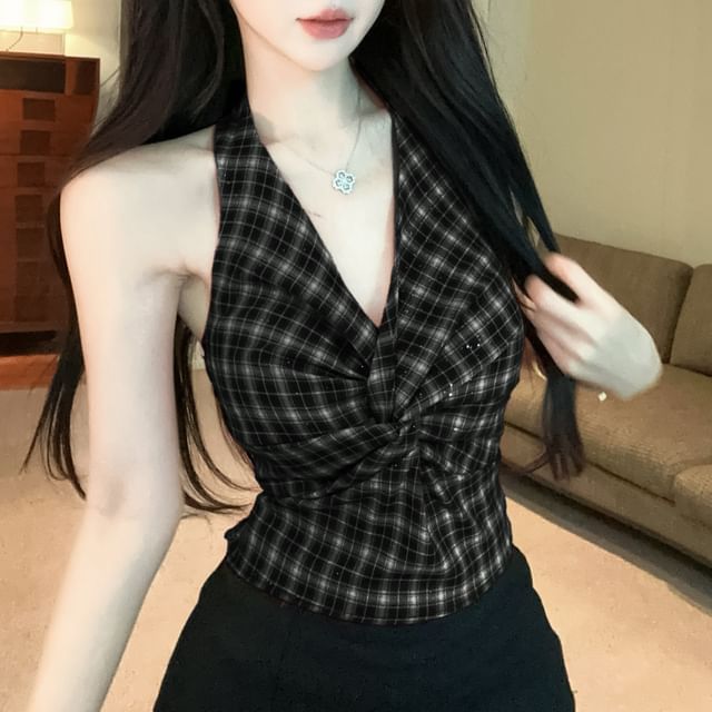 Maisee-V-Neck Plaid Knot Halter Top