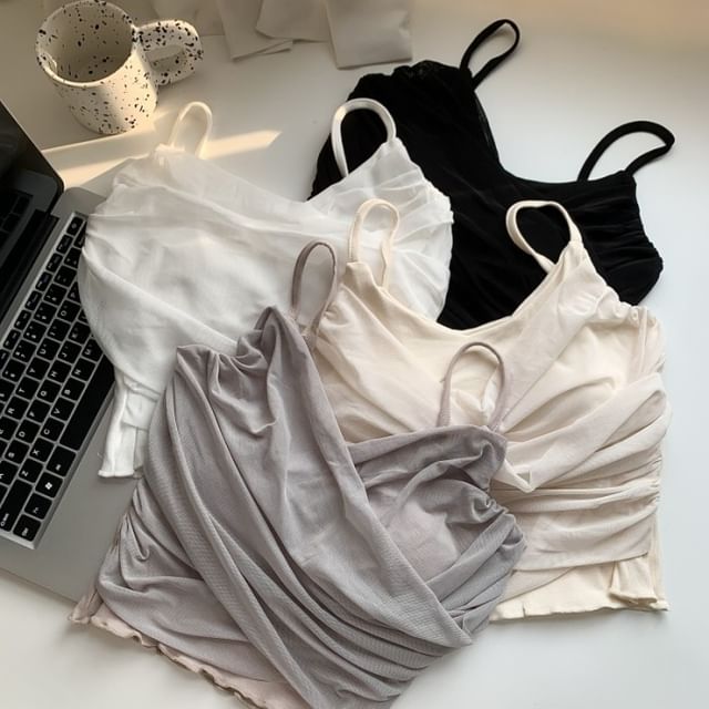 Maisee-V-Neck Plain Ruched Asymmetrical Cropped Cami Top