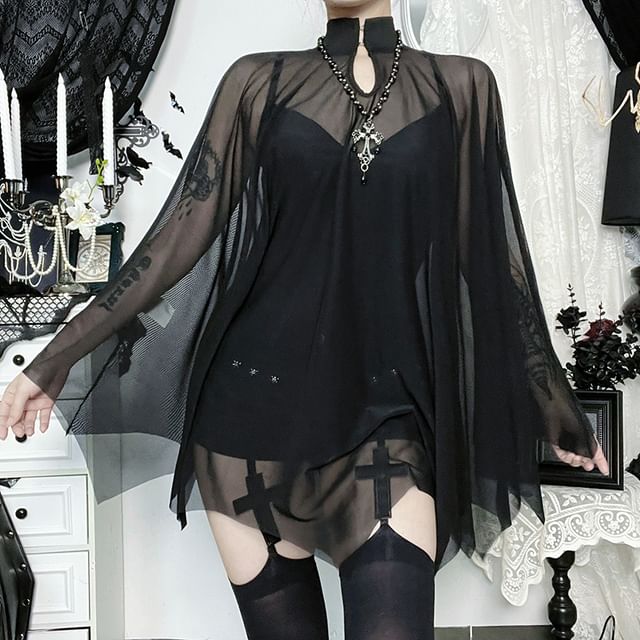 Malnia Home-Batwing-Sleeve Sheer Plain Top