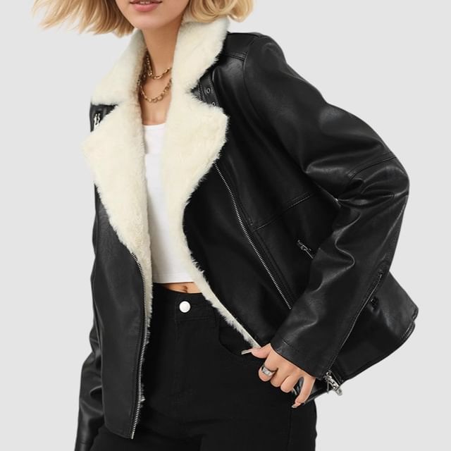 Malnia Home-Collared Faux Shearling Zip Biker Jacket