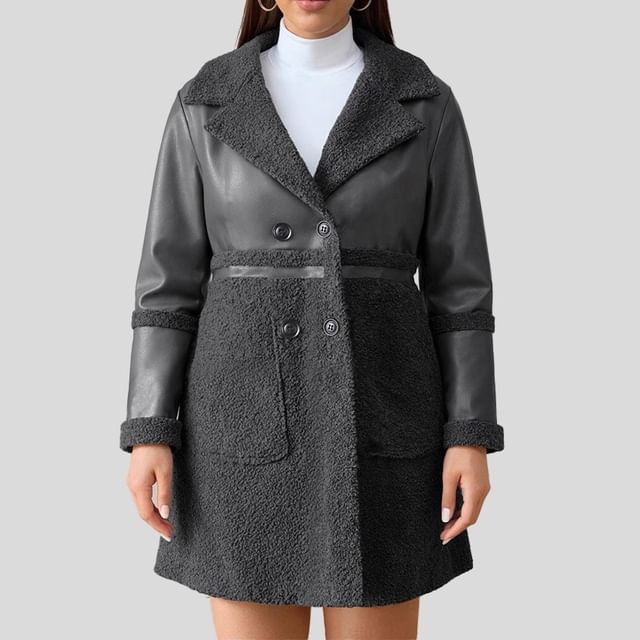 Malnia Home-Collared Plain Panel Faux Shearling Double Breasted Coat