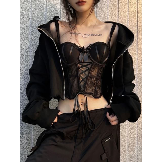 Malnia Home-Fishbone Crop Lace Cami Top