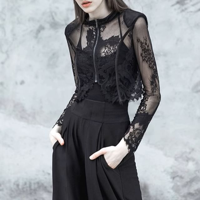 Malnia Home-Mock Neck Plain Lace Zip Jacket
