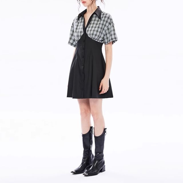 Malnia Home-Short Sleeve Collared V-Neck Plaid Panel Button Mini A-Line Dress