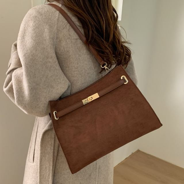 Maorong-Buckled Faux Suede Single Strap Tote Bag