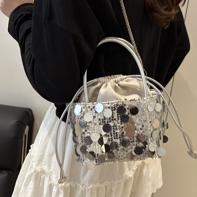 Maorong-Chain Strap Sequin Drawstring Crossbody Bucket Bag