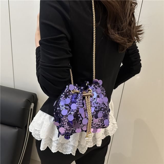 Maorong-Chain Strap Sequin Drawstring Crossbody Bucket Bag