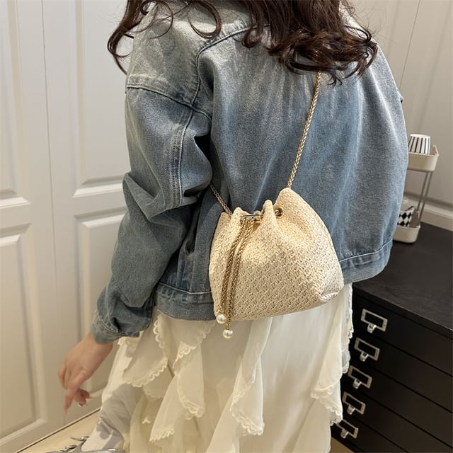 Maorong-Drawstring Straw Bucket Bag