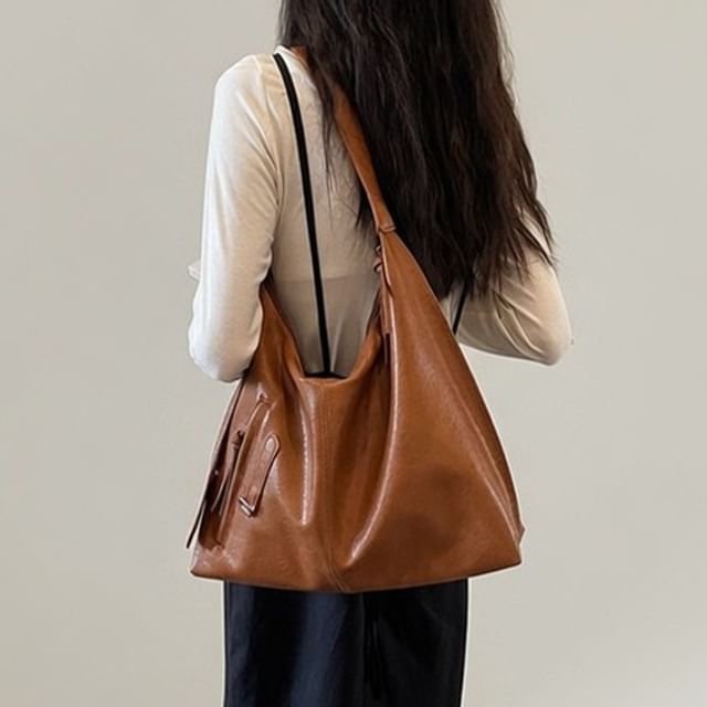 Maorong-Faux Leather Plain Shoulder Bag