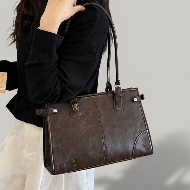 Maorong-Faux Leather Plain Tote Bag
