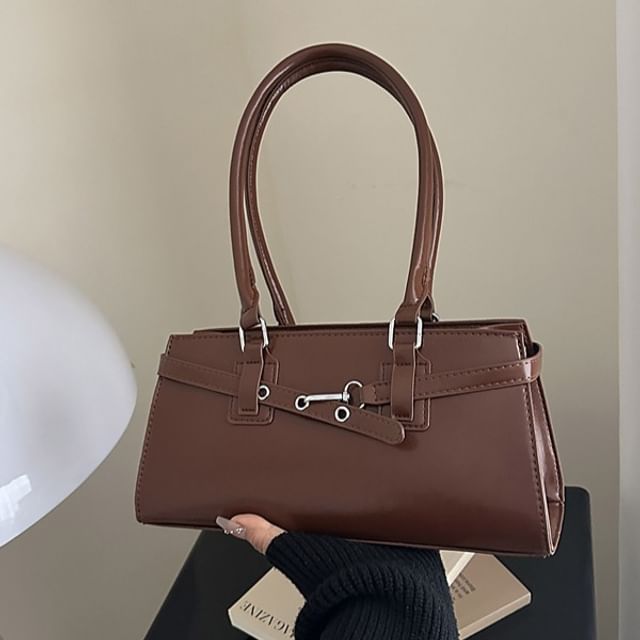 Maorong-Faux Leather Plain Zip Shoulder Bag