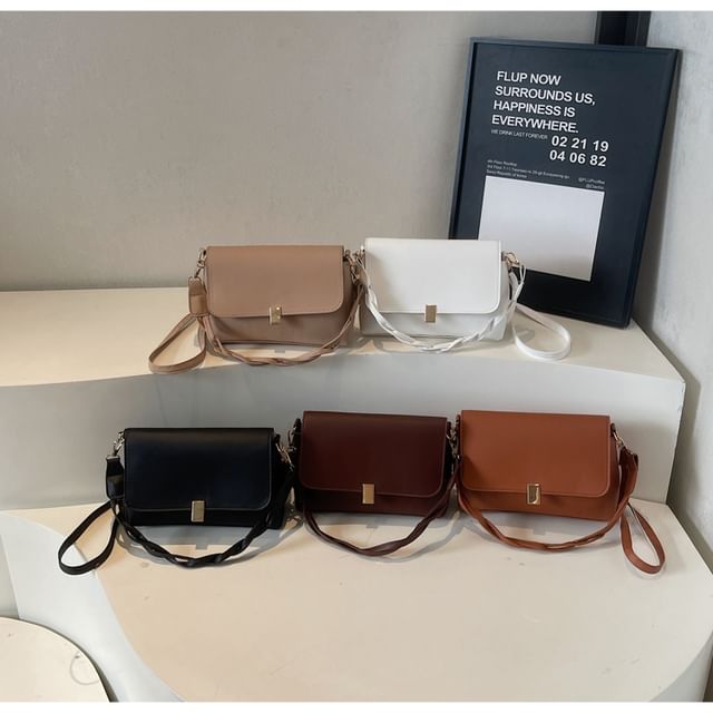 Maorong-Plain Faux Leather Flap Crossbody Bag