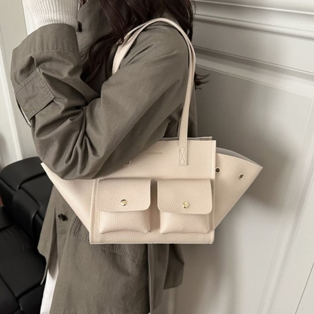 Maorong-Plain Faux Leather Tote Bag