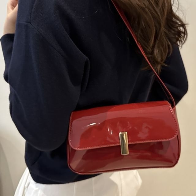 Maorong-Plain Patent Leather Flap Shoulder Bag