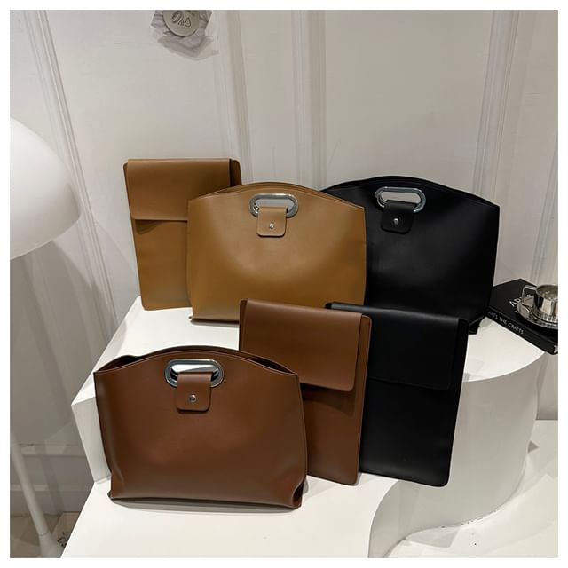Maorong-Set Plain Faux Leather Clutch Laptop Sleeve