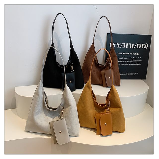 Maorong-Set Plain Faux Suede Tote Bag Coin Purse