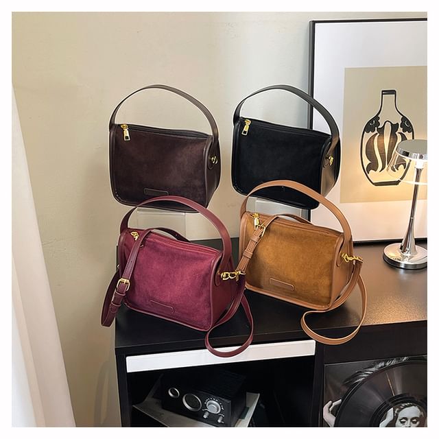 Maorong-Top Handle Plain Faux Suede Crossbody Bag