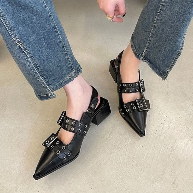 maryanette-Block Heel Pointy Toe Slingback Sandals