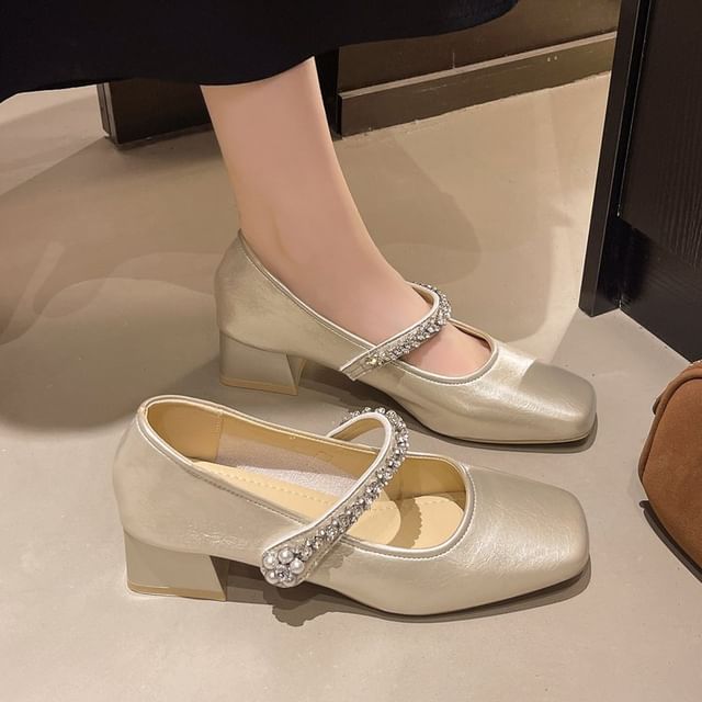 maryanette-Block Heel Rhinestone Mary Jane Pumps