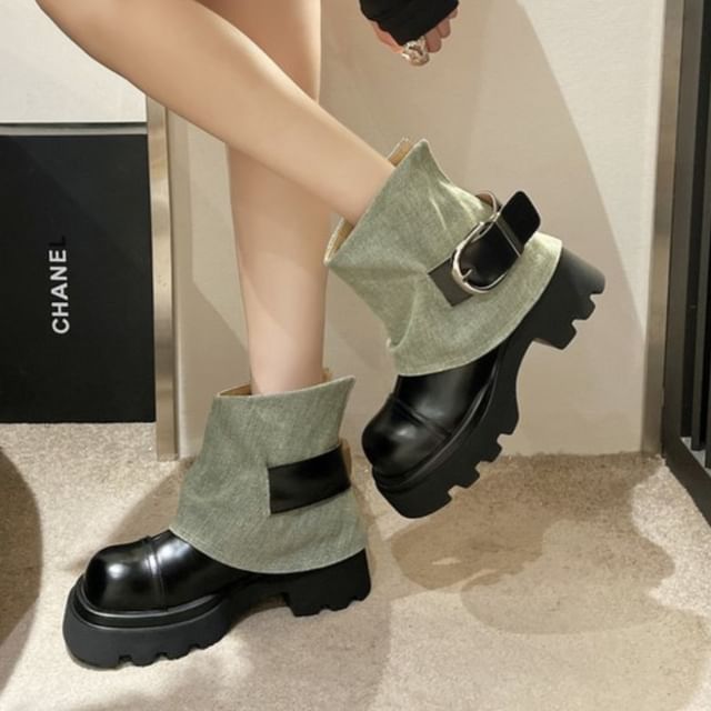 maryanette-Buckled Denim Panel Chunky Heel Short Boots